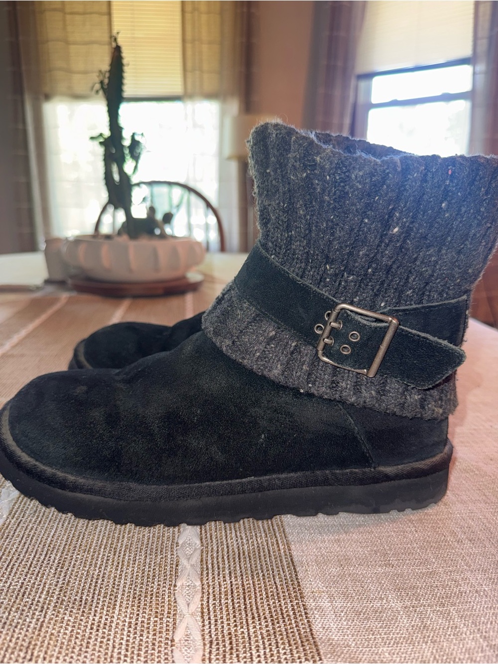 Women’s Black Suede Ankle Boots with Knit Cuff